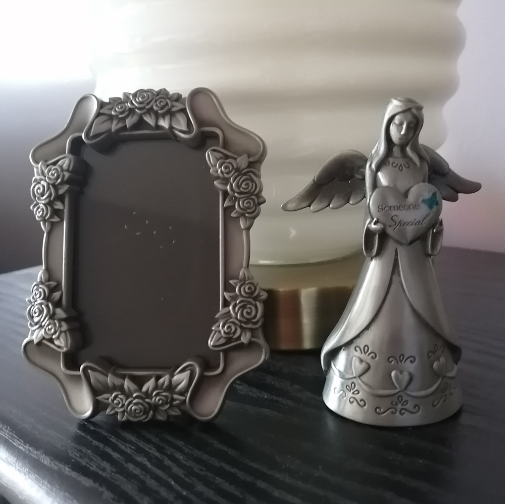 Pewter Ganz T. Angel Figurine and Pewter Malden Mini Frame Set